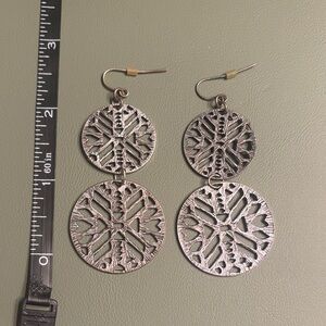 Double Disc Filigree Drop Earrings in Antique Silver